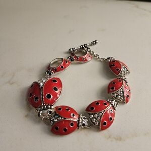 Vintage Red Enamel Ladybug Link Bracelet - Silver Tone
